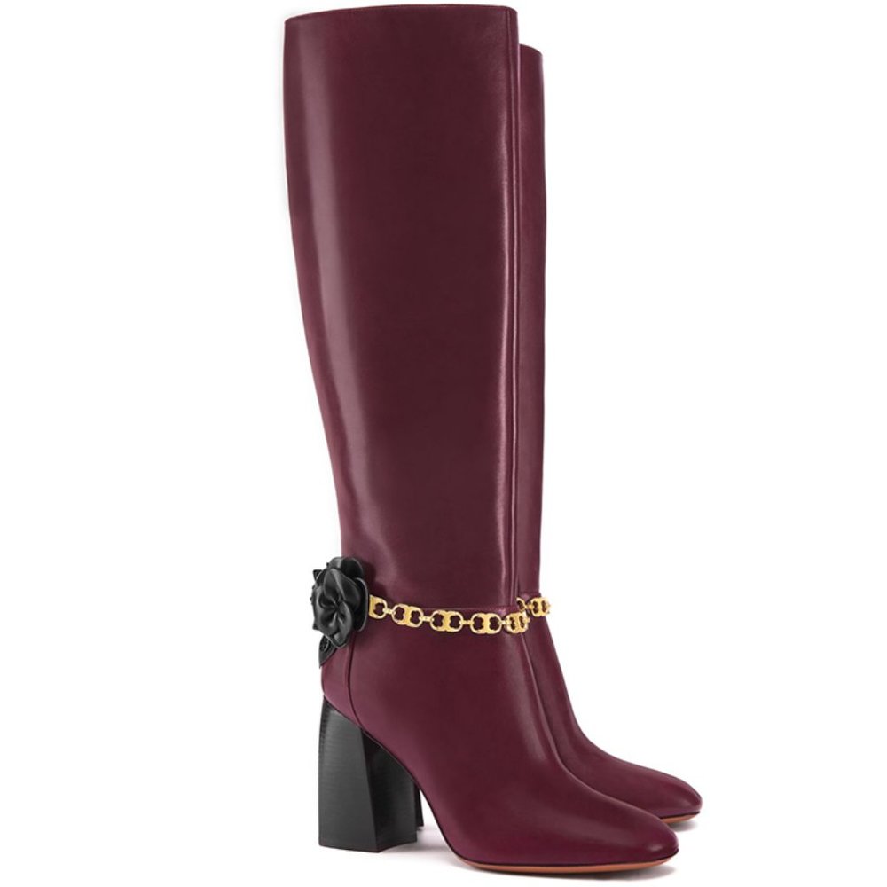 TORY BURCH BLOSSOM TALL BOOTS IN BORDEAUX